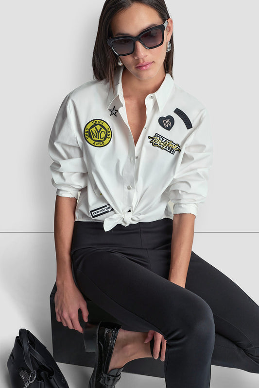 White DKNY 1989 LOGO PINS AND PATCHES SHIRT