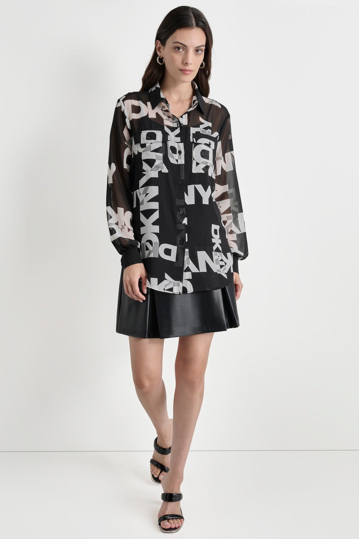 BLACK/IVORY DKNY CHIFFON LOGO SHIRT