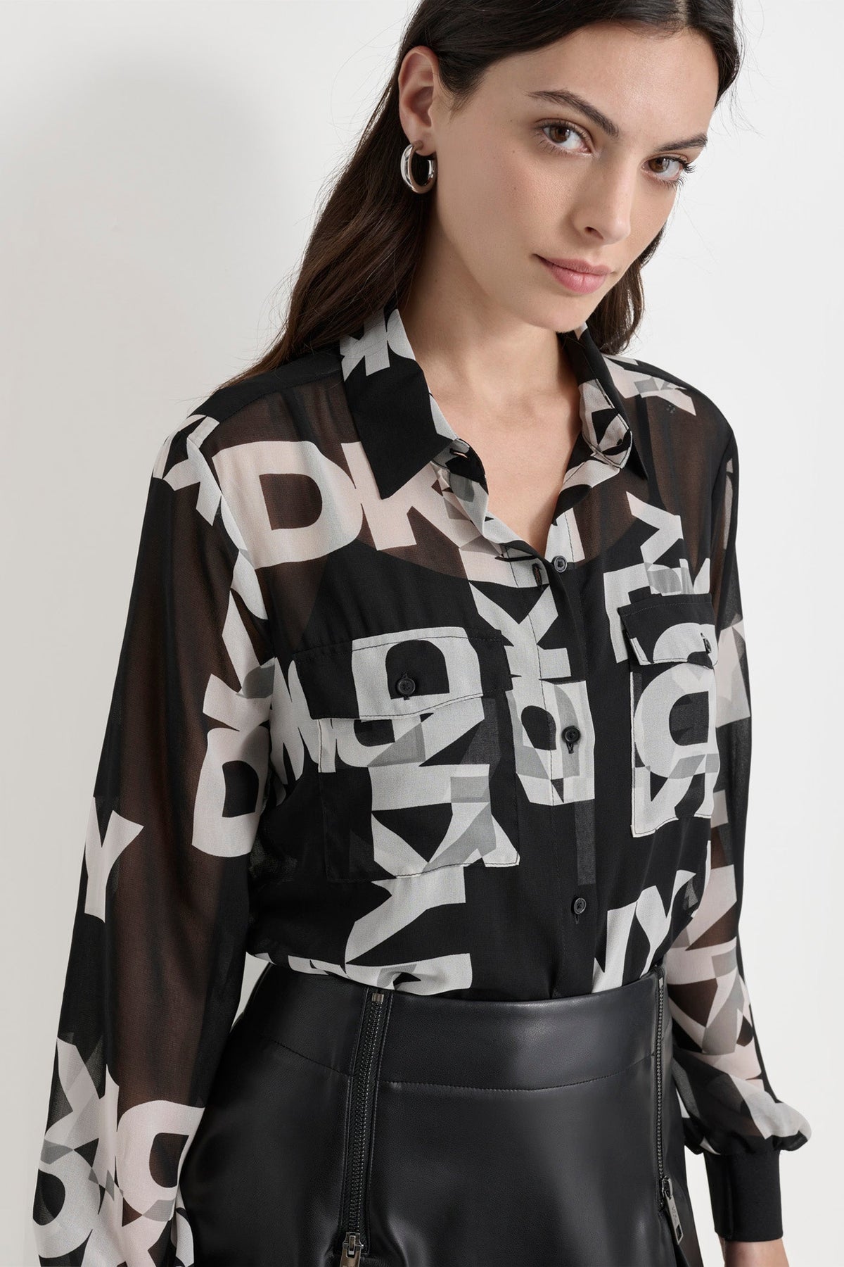 BLACK/IVORY DKNY CHIFFON LOGO SHIRT