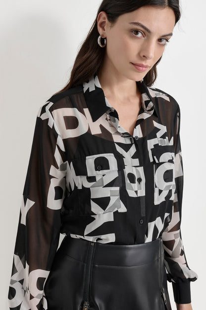 BLACK/IVORY DKNY CHIFFON LOGO SHIRT