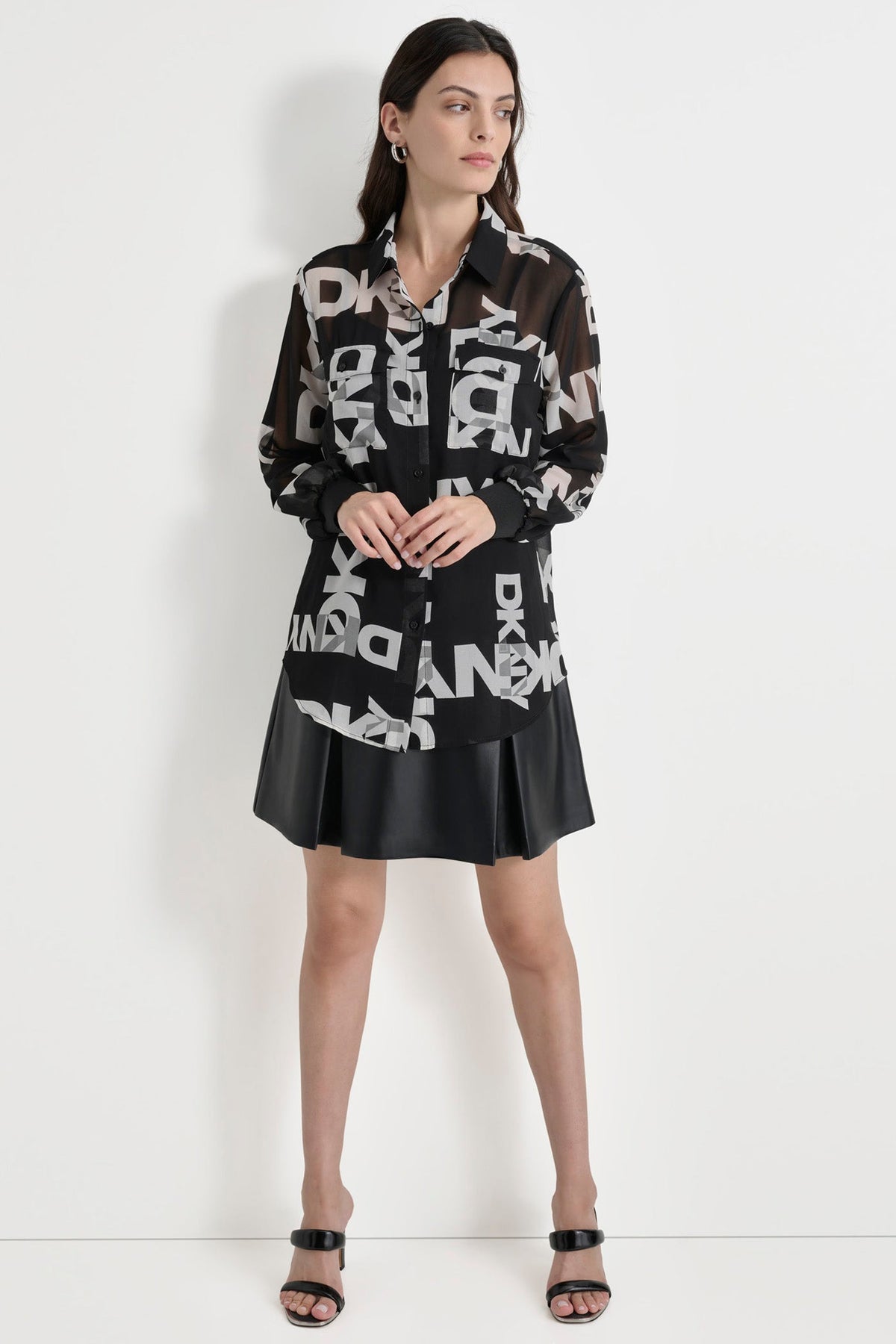 BLACK/IVORY DKNY CHIFFON LOGO SHIRT