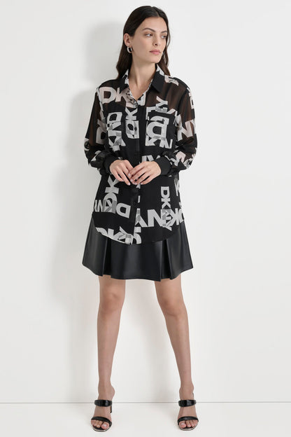 BLACK/IVORY DKNY CHIFFON LOGO SHIRT