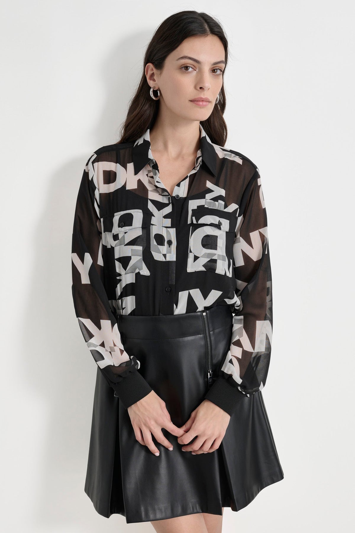 BLACK/IVORY DKNY CHIFFON LOGO SHIRT