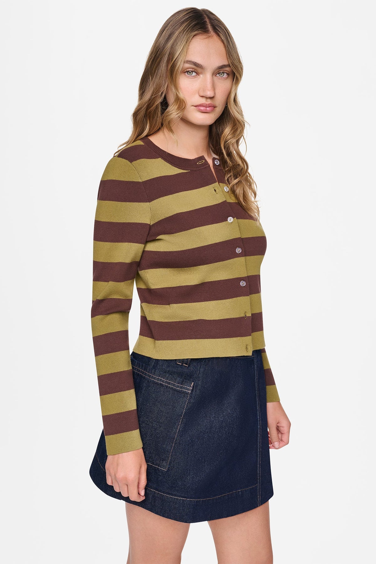 Chestnut/Crocodile DKNY CROPPED STRIPED CARDIGAN