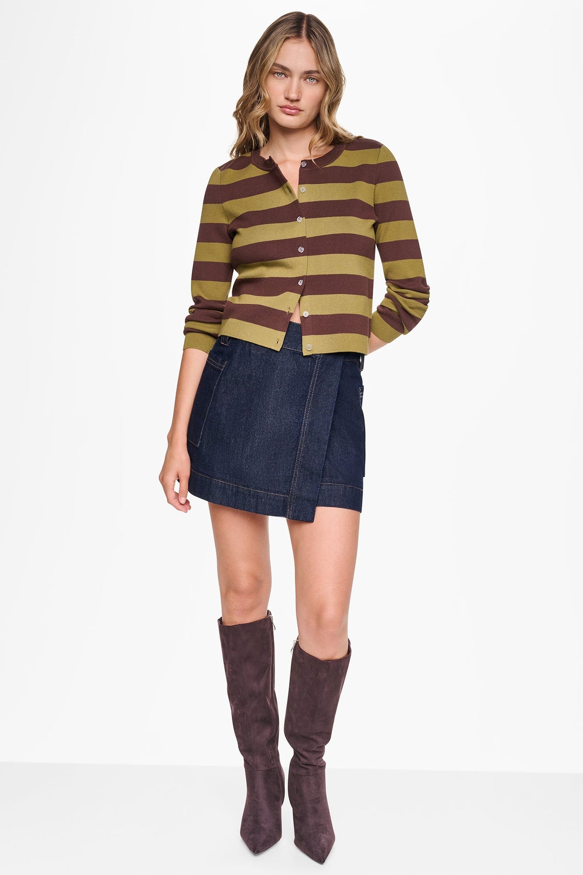 Chestnut/Crocodile DKNY CROPPED STRIPED CARDIGAN