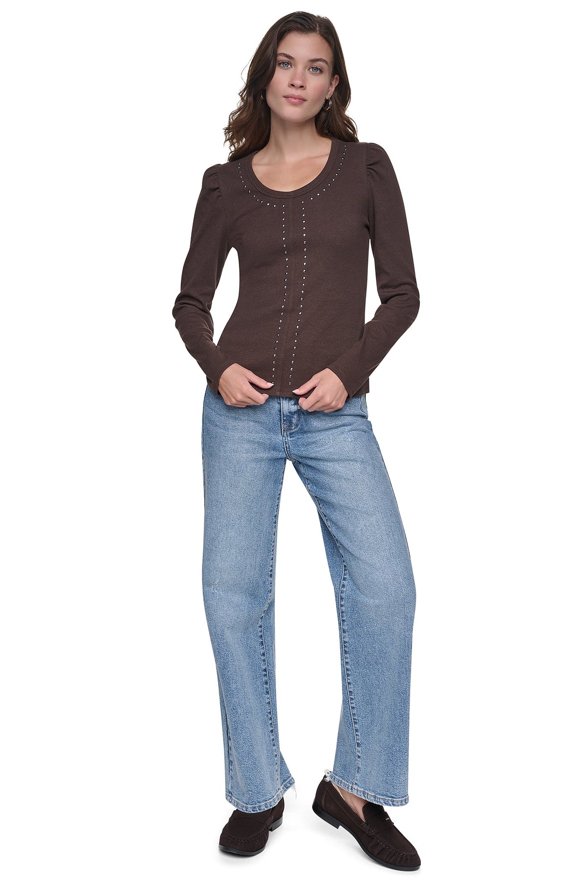 Espresso/Gunmetal DKNY PUFF SLEEVE RHINESTONE TOP