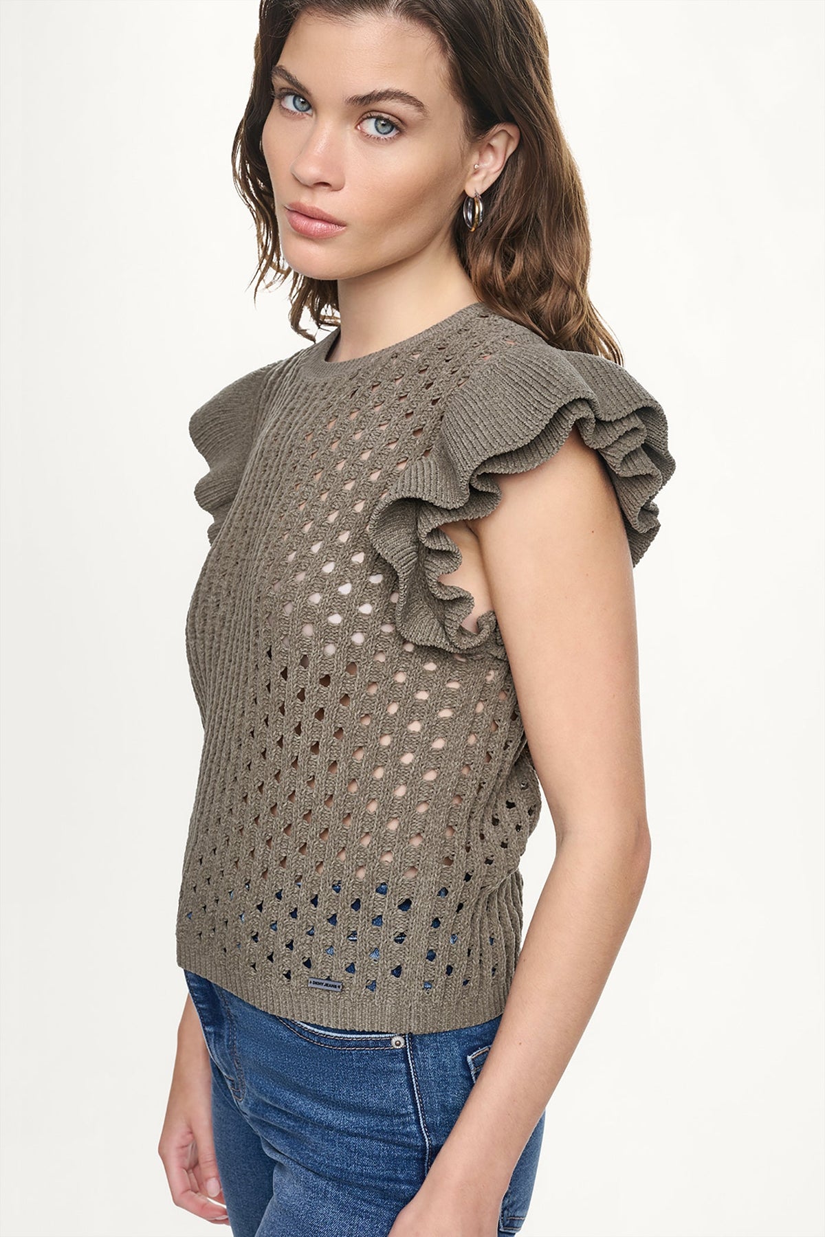 Utility Green DKNY CHENILLE FLUTTER SLEEVE SWEATER