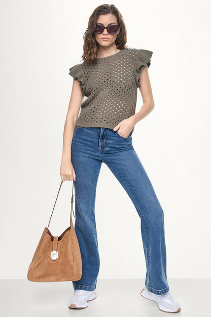 Utility Green DKNY CHENILLE FLUTTER SLEEVE SWEATER