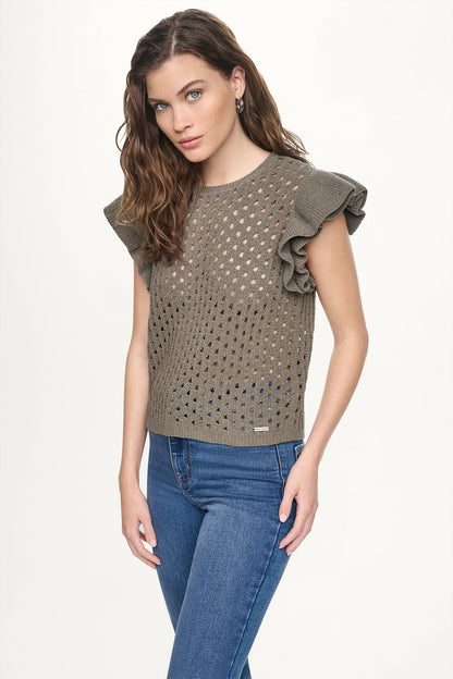 Utility Green DKNY CHENILLE FLUTTER SLEEVE SWEATER