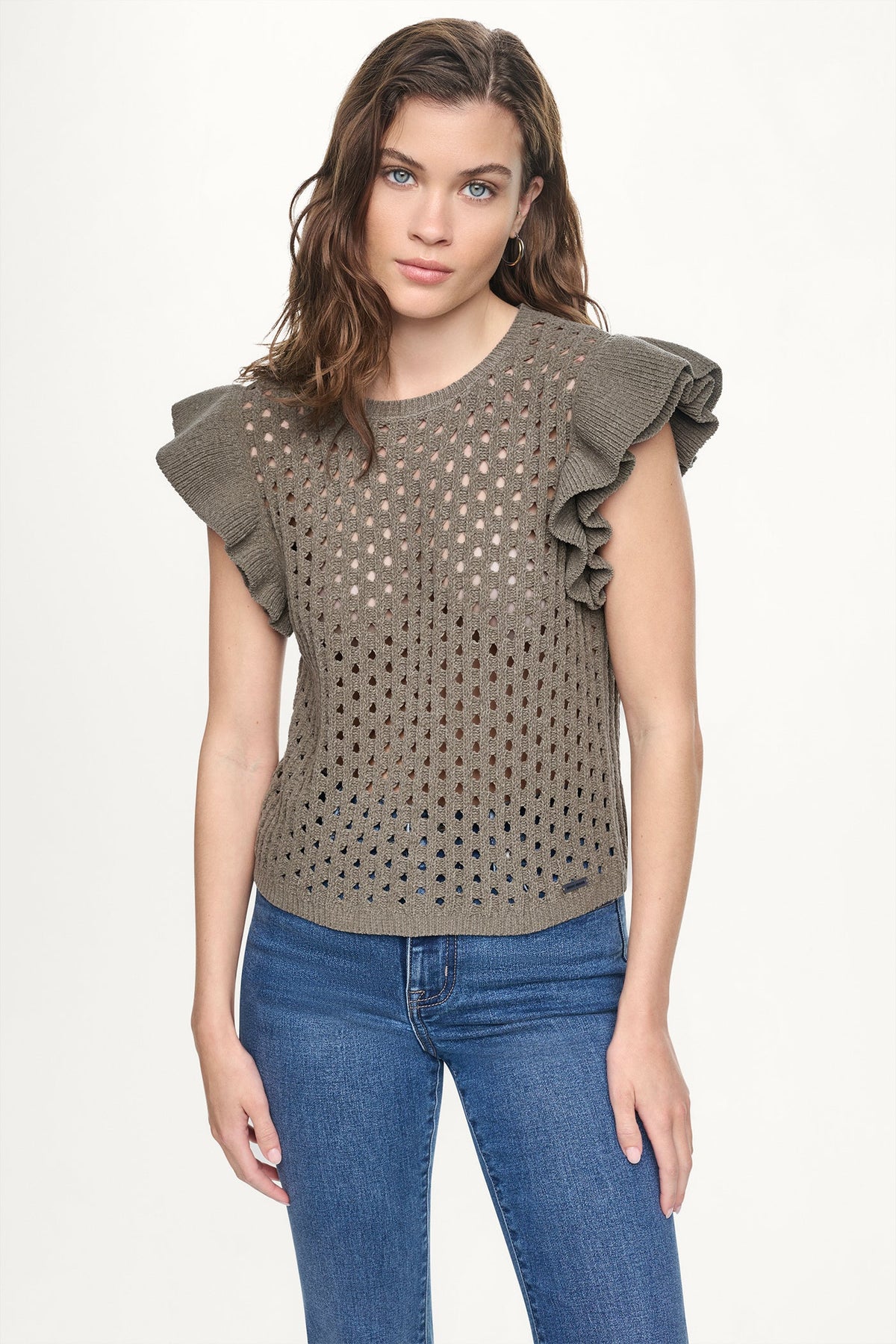 Utility Green DKNY CHENILLE FLUTTER SLEEVE SWEATER