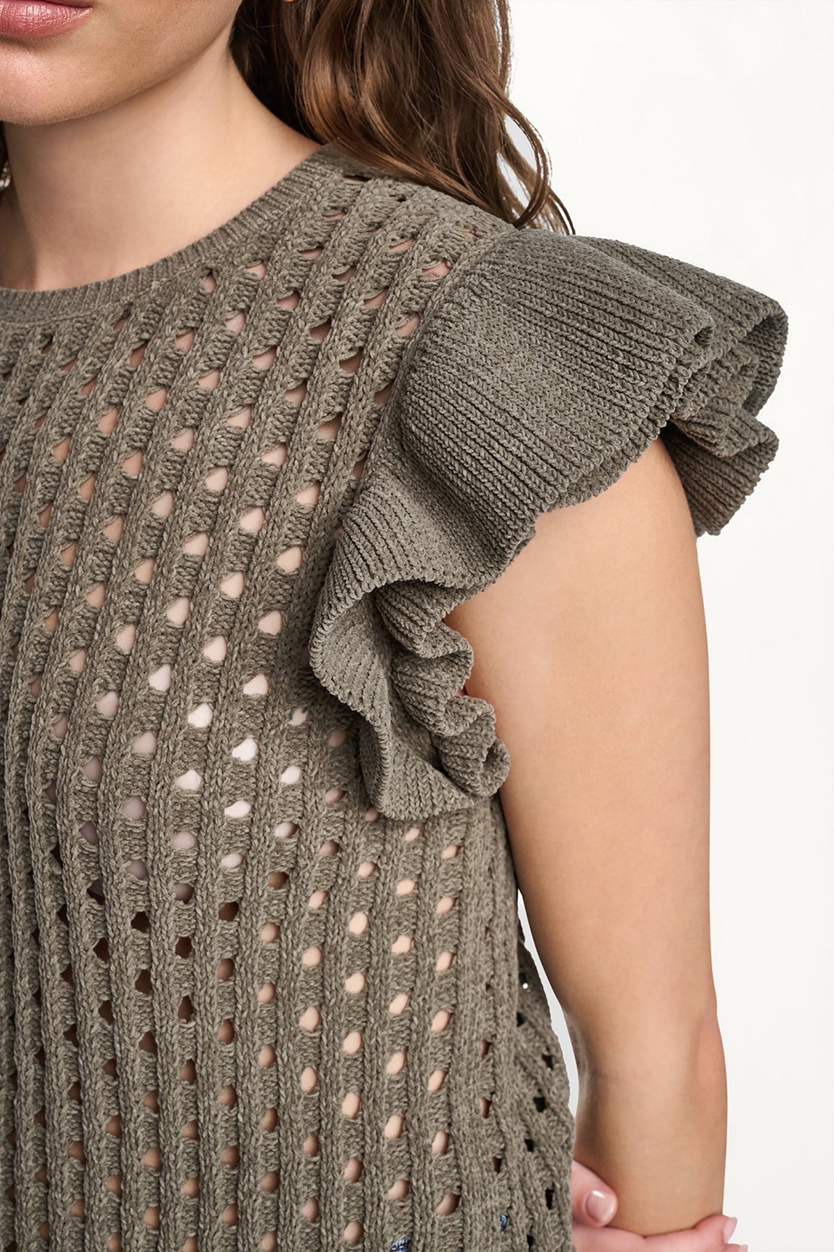 Utility Green DKNY CHENILLE FLUTTER SLEEVE SWEATER