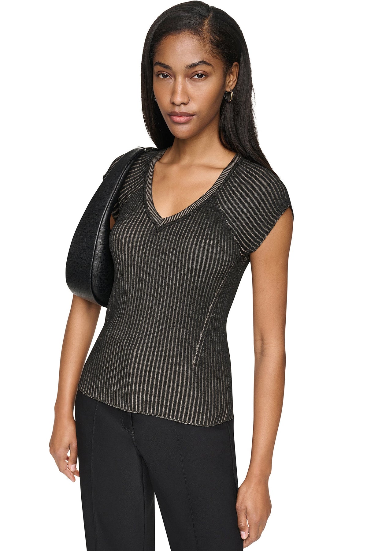 Travertine/Black DKNY RIB KNIT SWEATER