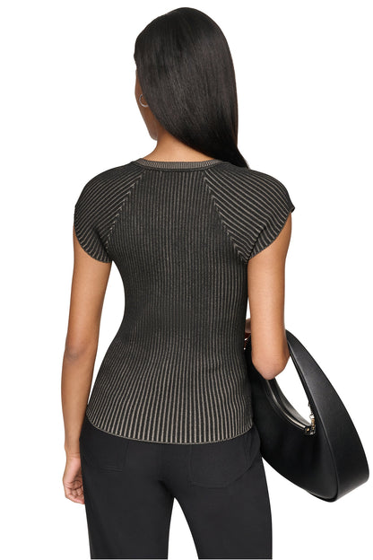 Travertine/Black DKNY RIB KNIT SWEATER