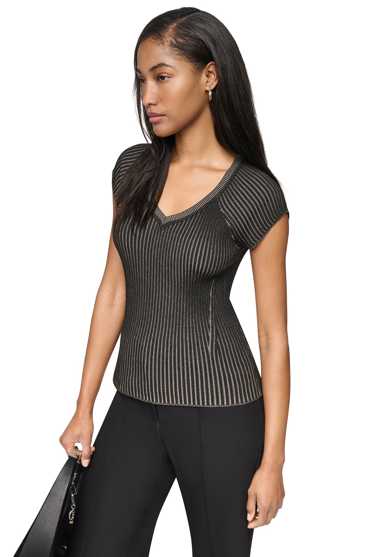 Travertine/Black DKNY RIB KNIT SWEATER