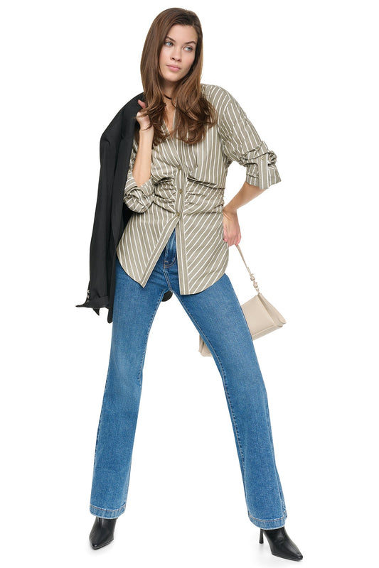 Utility Green DKNY STRIPED RUCHED SHIRT