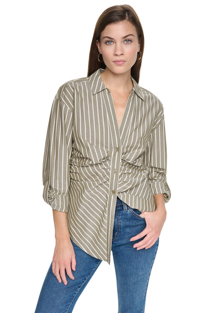 Utility Green DKNY STRIPED RUCHED SHIRT