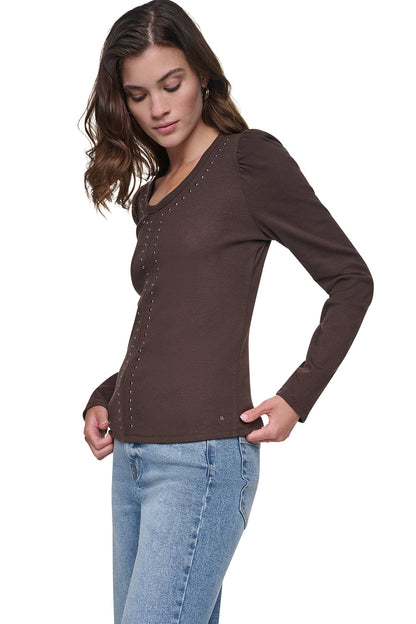 Eggnog/Silver DKNY PUFF SLEEVE RHINESTONE TOP