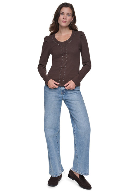 Eggnog/Silver DKNY PUFF SLEEVE RHINESTONE TOP