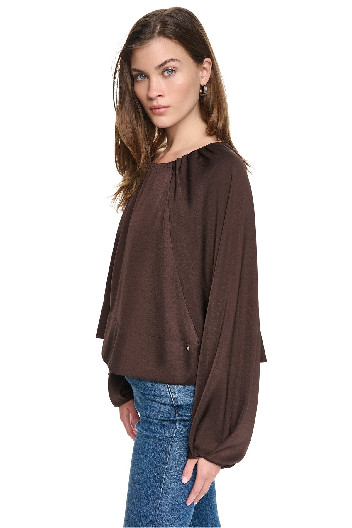 Espresso DKNY RAGLAN SLEEVE SHIRRED TOP