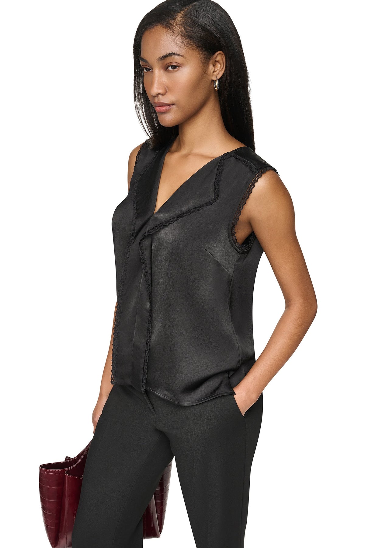 Black DKNY V-NECK BLOUSE