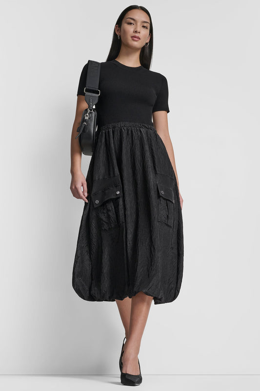 Black DKNY MIXED MEDIA CARGO MIDI BUBBLE DRESS