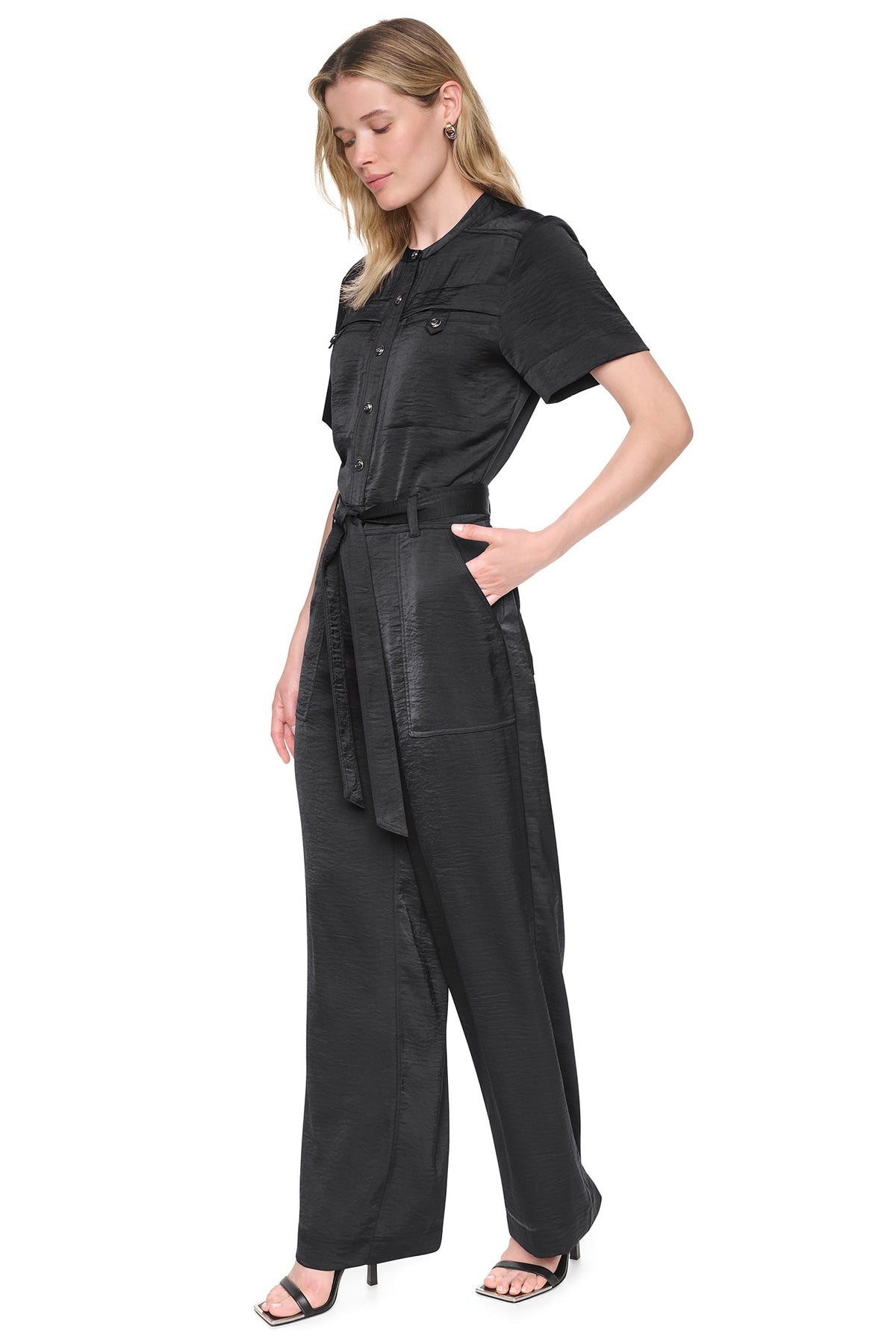 Black DKNY BUTTON FRONT UTILITY JUMPSUIT