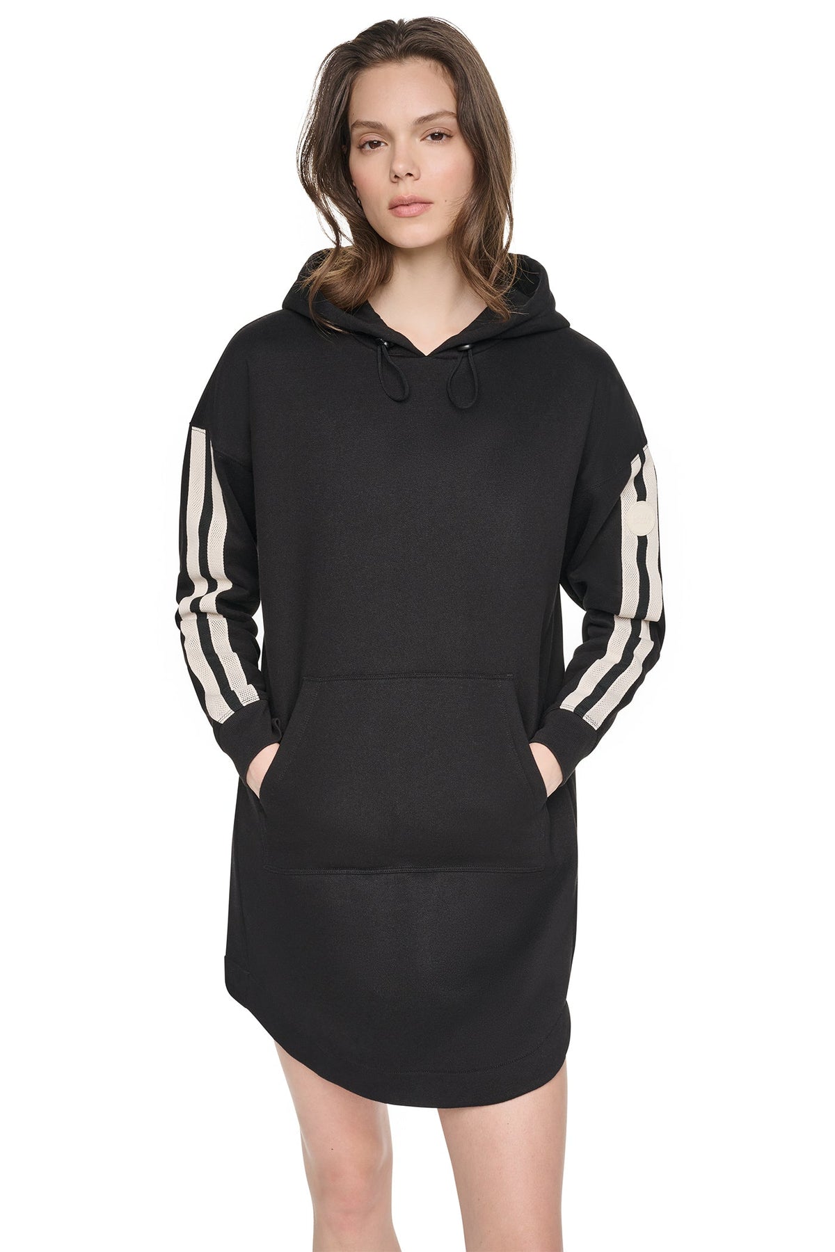 Black DKNY STRIPED MINI HOODIE DRESS