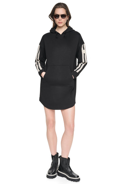 Black DKNY STRIPED MINI HOODIE DRESS
