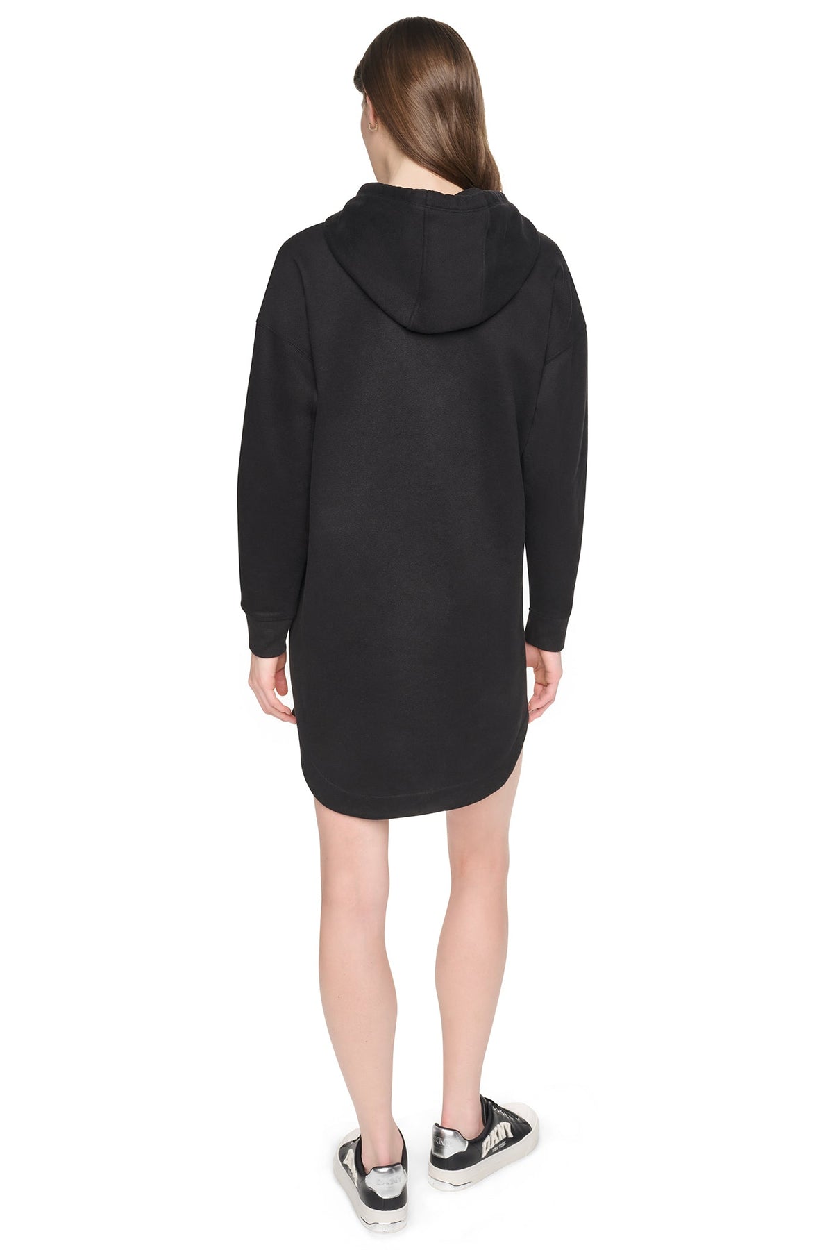 Black DKNY STRIPED MINI HOODIE DRESS