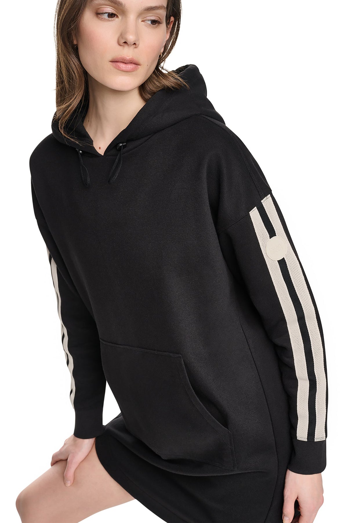 Black DKNY STRIPED MINI HOODIE DRESS
