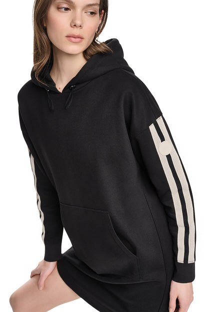 Black DKNY STRIPED MINI HOODIE DRESS