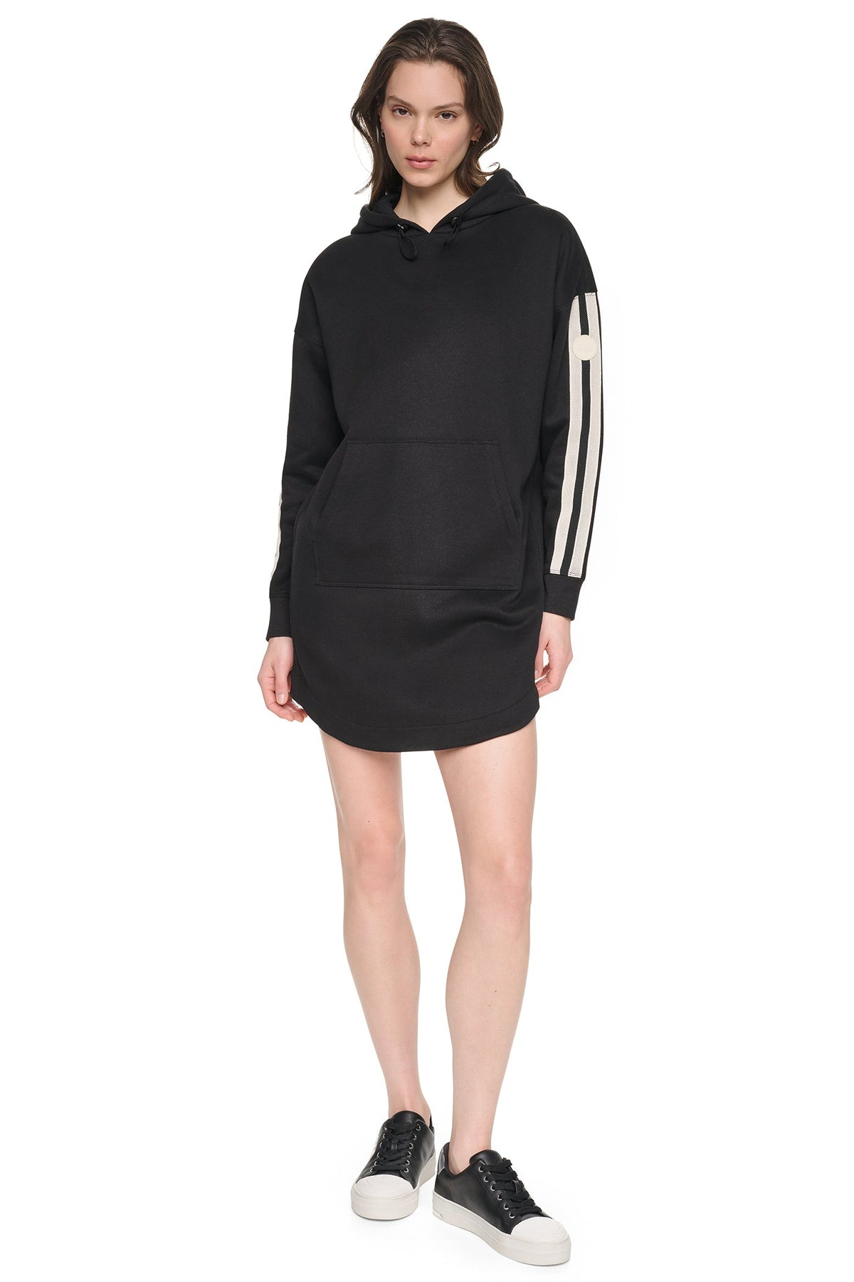 Black DKNY STRIPED MINI HOODIE DRESS
