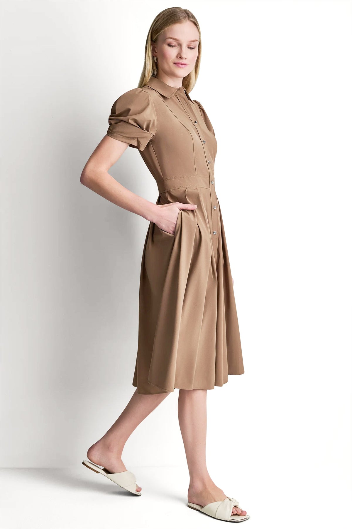 Black DKNY MEMORY TAFFETA MIDI SHIRT DRESS