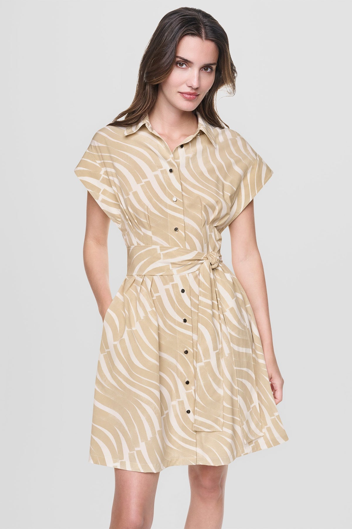 Khaki/Ivory DKNY CAP SLEEVE MINI COMMUTER SHIRT DRESS