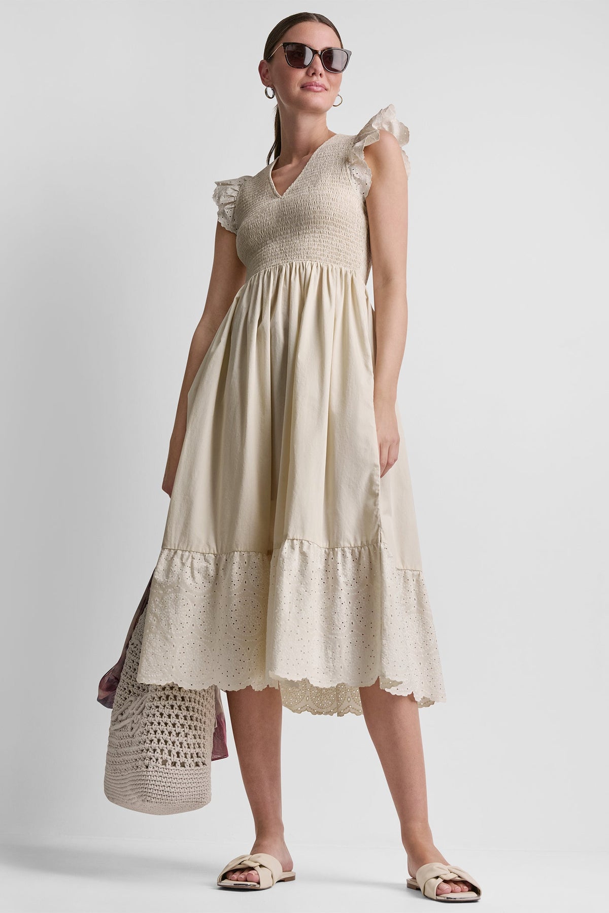 Light City Khaki DKNY COTTON FLUTTER SLEEVE V-NECK MIDI FIT & FLARE DRESS