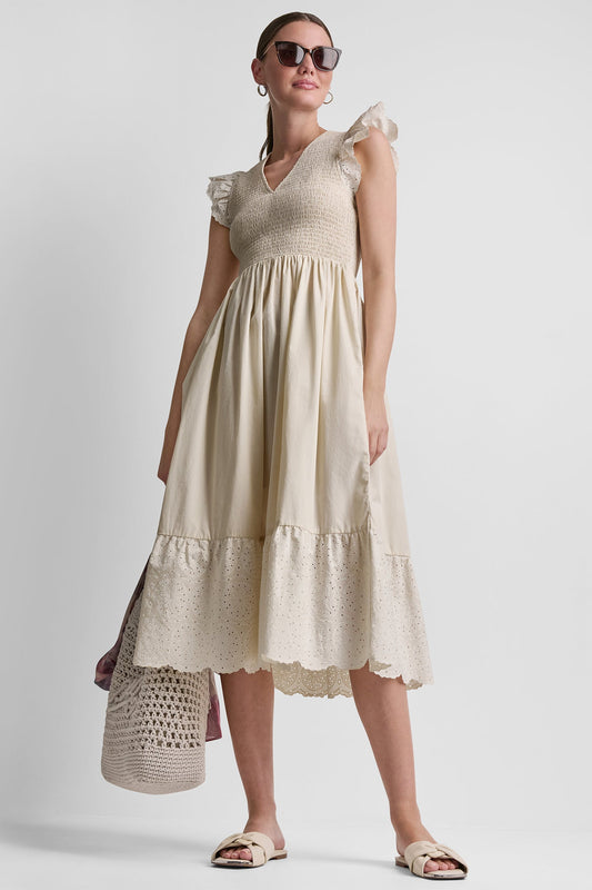 Light City Khaki DKNY COTTON FLUTTER SLEEVE V-NECK MIDI FIT & FLARE DRESS