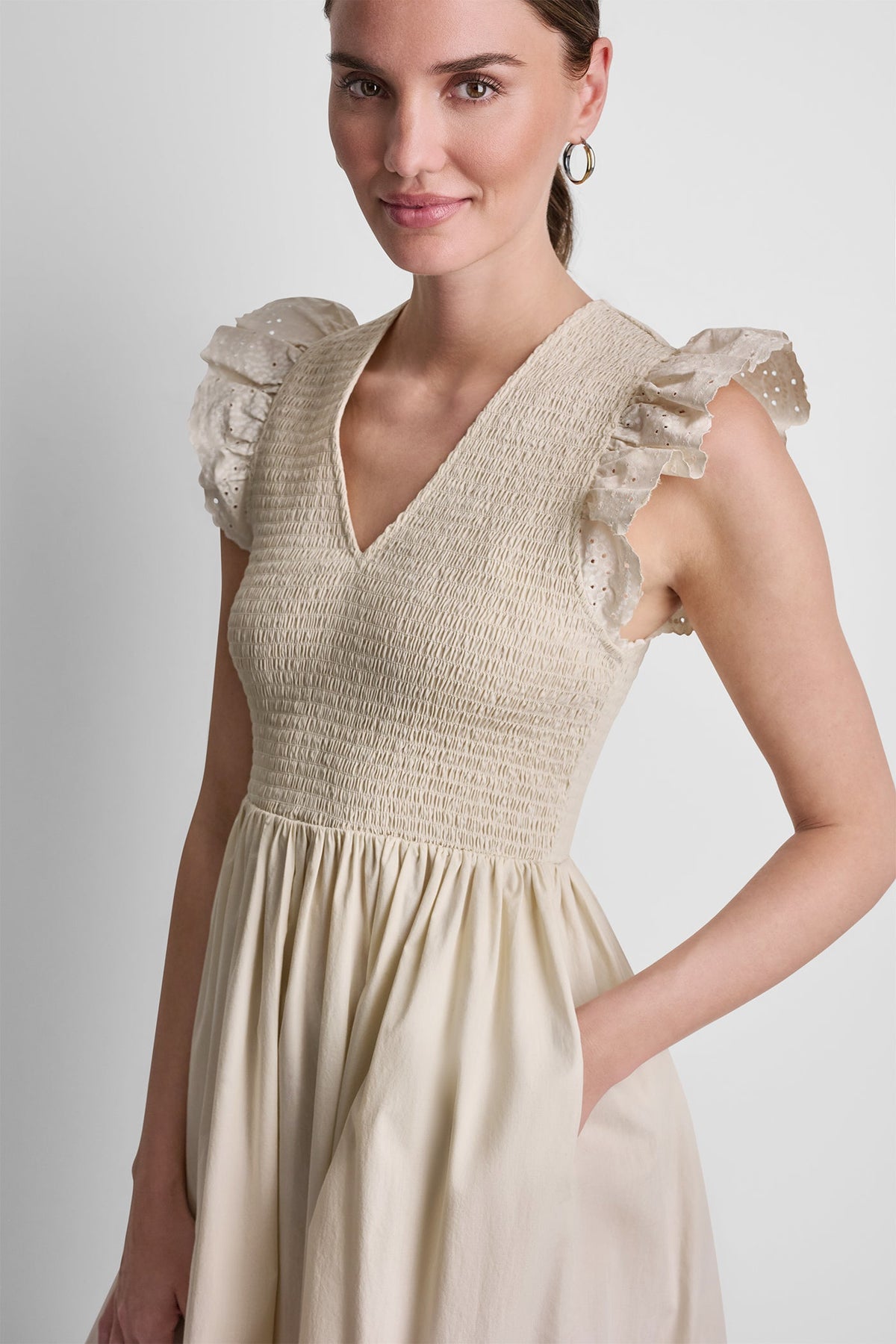 Light City Khaki DKNY COTTON FLUTTER SLEEVE V-NECK MIDI FIT & FLARE DRESS