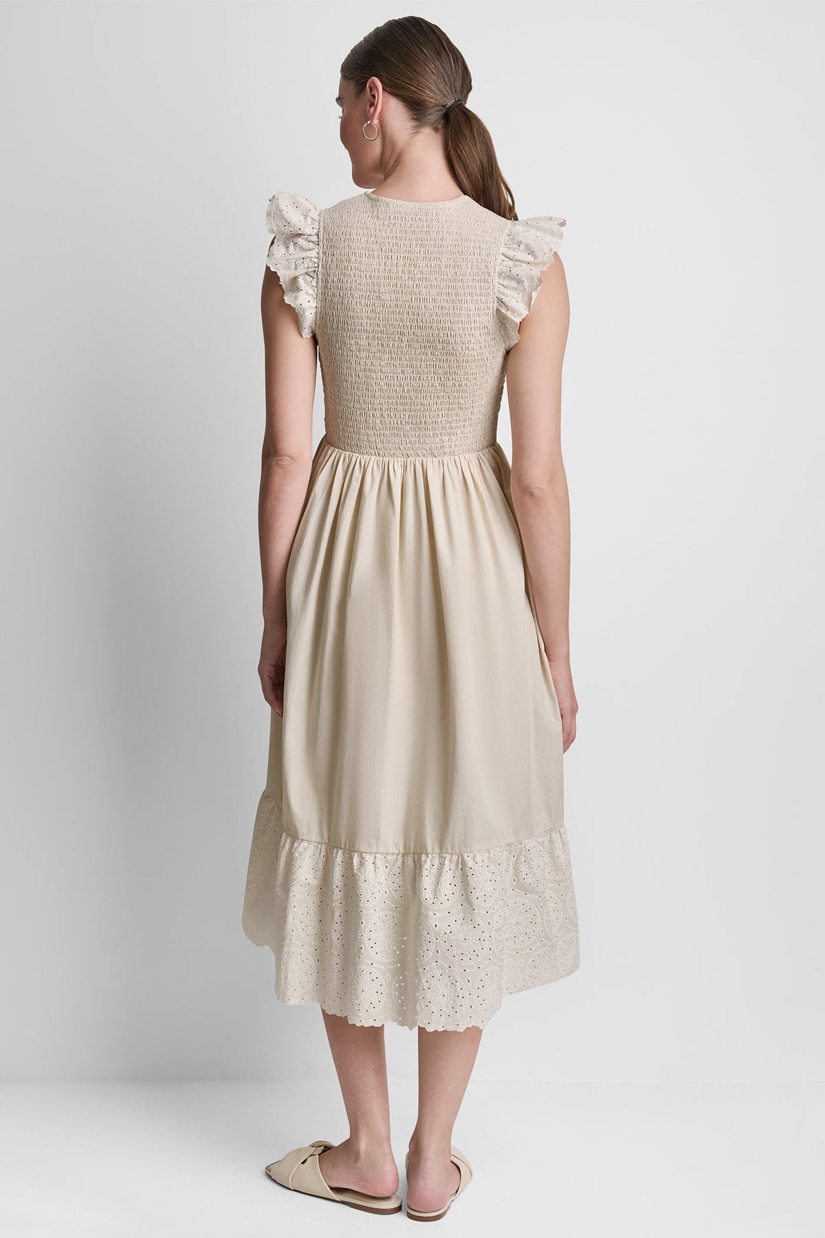 Light City Khaki DKNY COTTON FLUTTER SLEEVE V-NECK MIDI FIT & FLARE DRESS