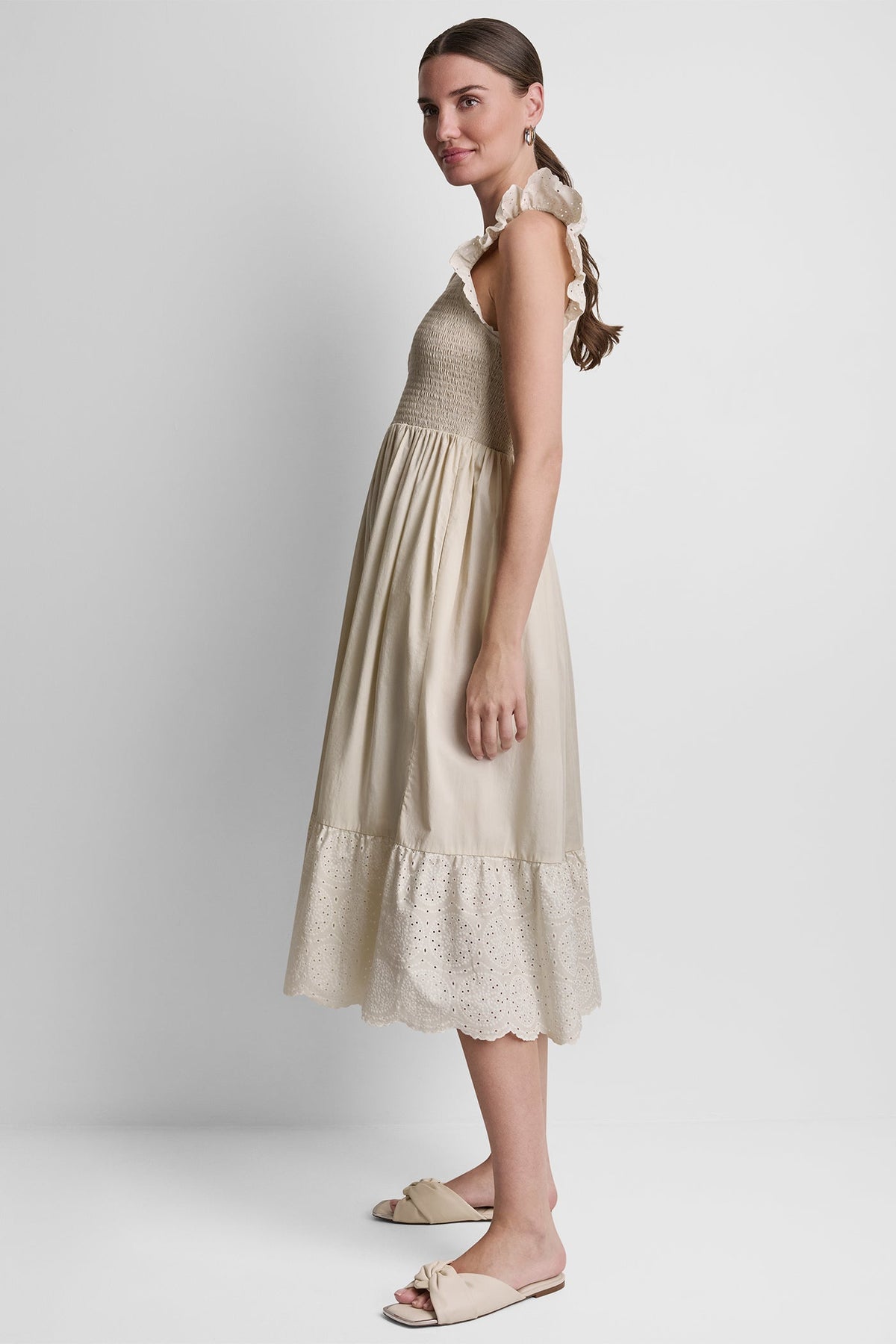 Light City Khaki DKNY COTTON FLUTTER SLEEVE V-NECK MIDI FIT & FLARE DRESS