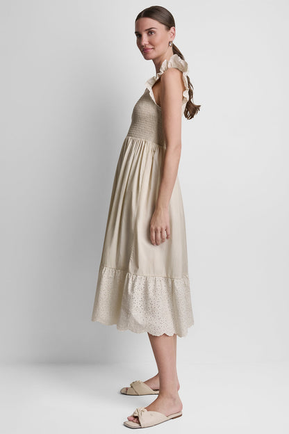 Light City Khaki DKNY COTTON FLUTTER SLEEVE V-NECK MIDI FIT & FLARE DRESS
