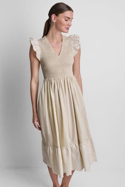 Light City Khaki DKNY COTTON FLUTTER SLEEVE V-NECK MIDI FIT & FLARE DRESS