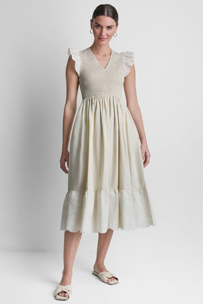 Light City Khaki DKNY COTTON FLUTTER SLEEVE V-NECK MIDI FIT & FLARE DRESS