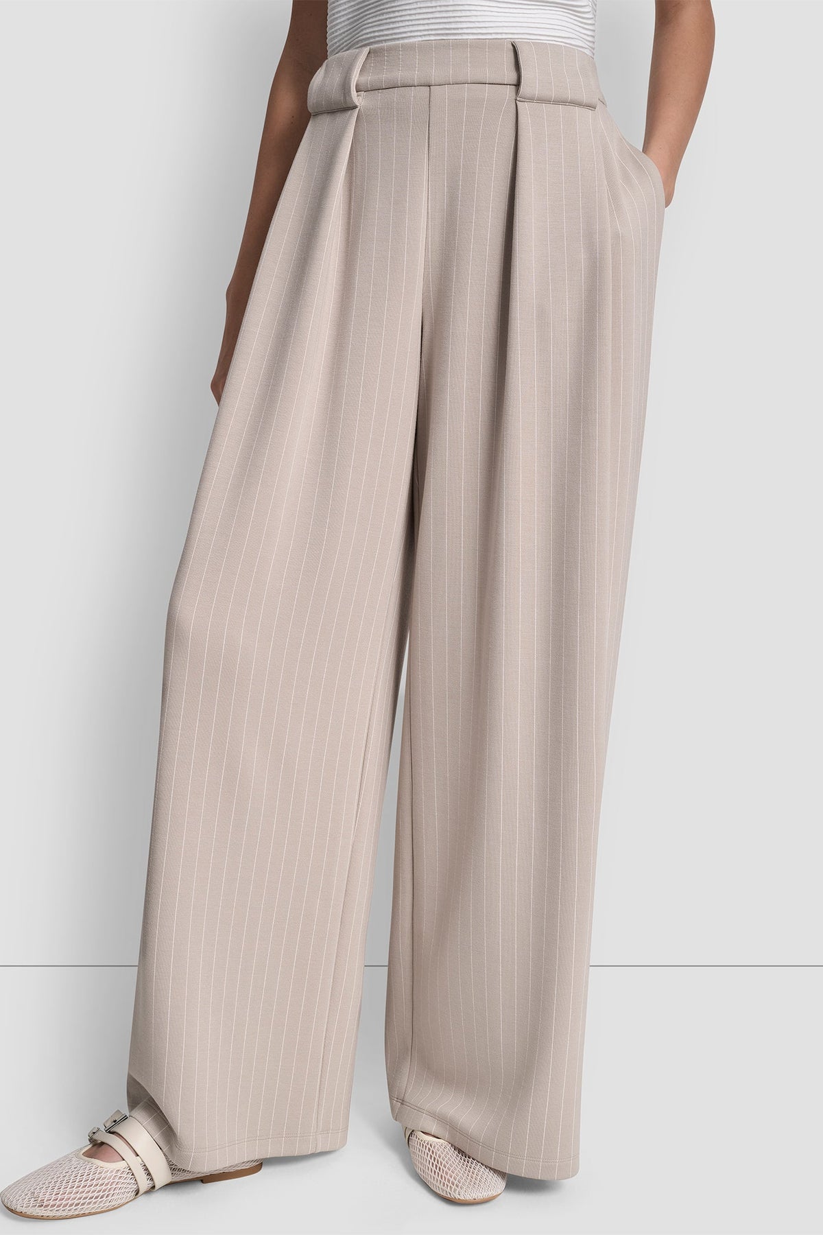 Pebble Pinstripe DKNY PINSTRIPED PLEATED STRAIGHT-LEG PULL-ON PANT
