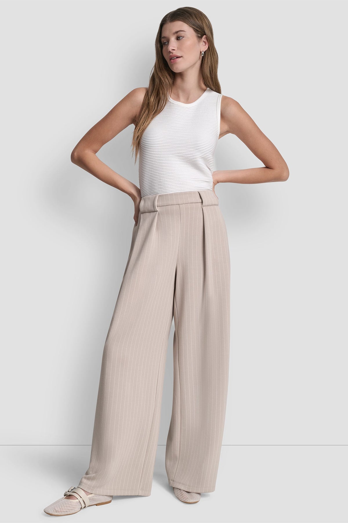 Pebble Pinstripe DKNY PINSTRIPED PLEATED STRAIGHT-LEG PULL-ON PANT