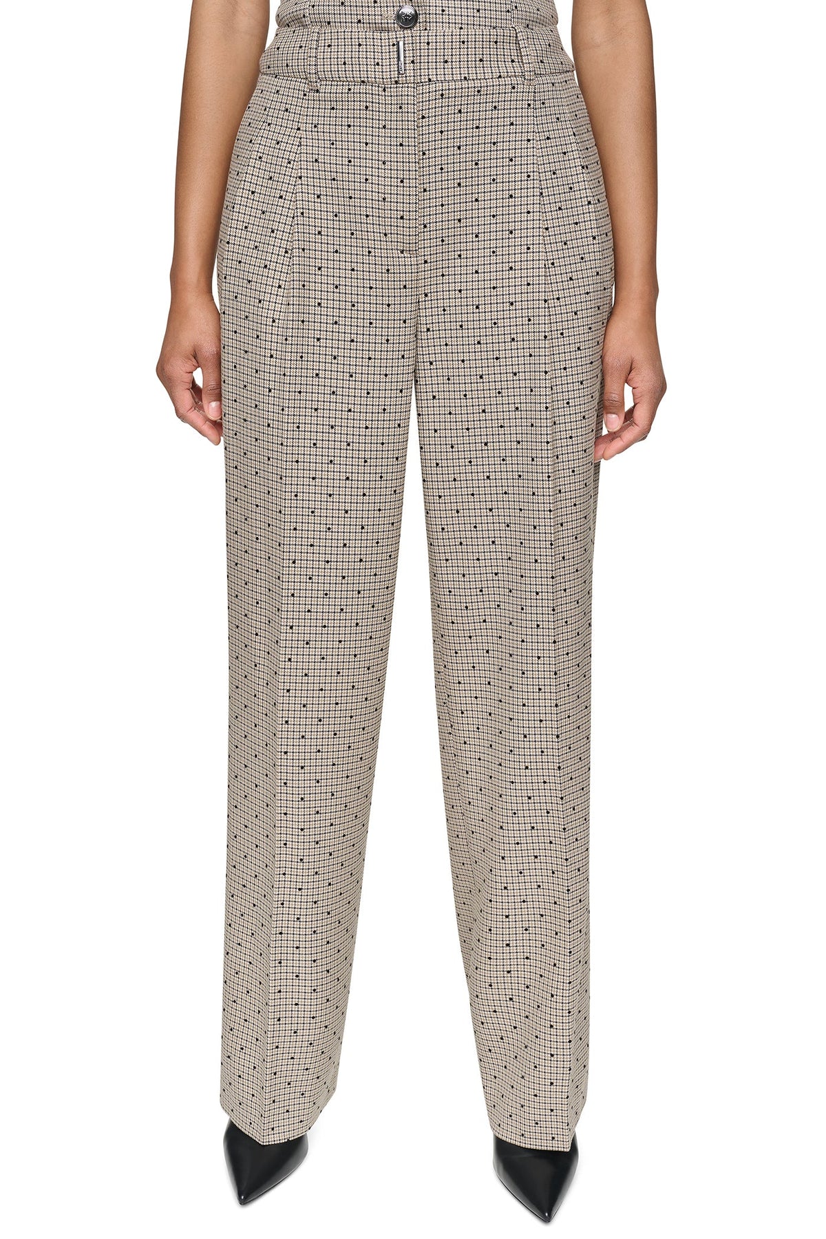 Travertine/Black DKNY HOUNDSTOOTH CHECKERED HIGH-RISE PANT