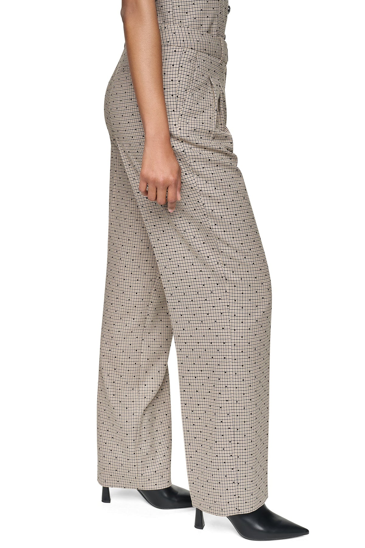 Travertine/Black DKNY HOUNDSTOOTH CHECKERED HIGH-RISE PANT