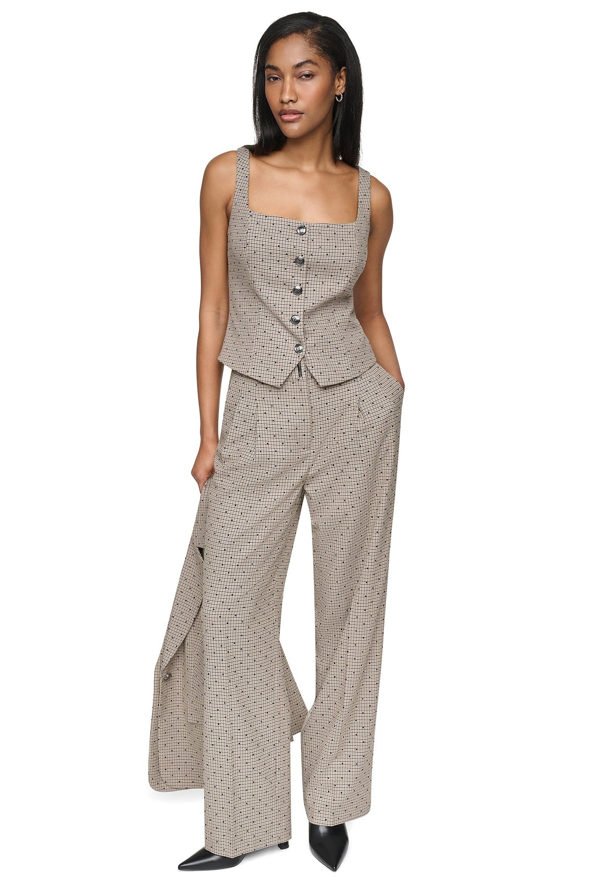 Travertine/Black DKNY HOUNDSTOOTH CHECKERED HIGH-RISE PANT