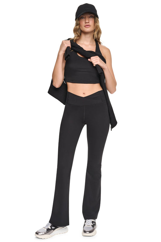 Black DKNY BALANCE COMPRESSION CROSSOVER FRONT FLARE PANT