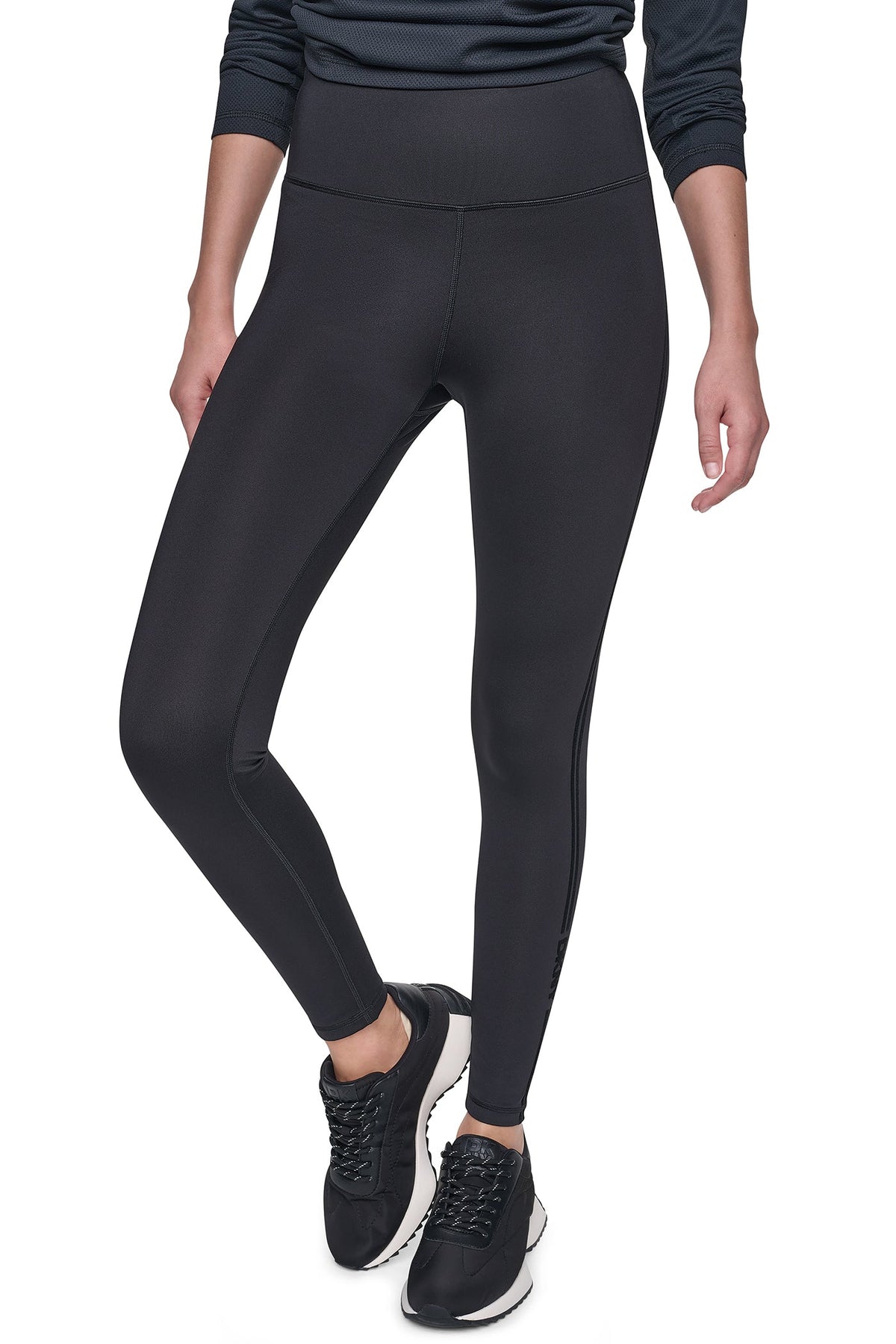 Black DKNY HIGH-RISE FLOCKED STRIPE LOGO 7/8 LENGTH LEGGING