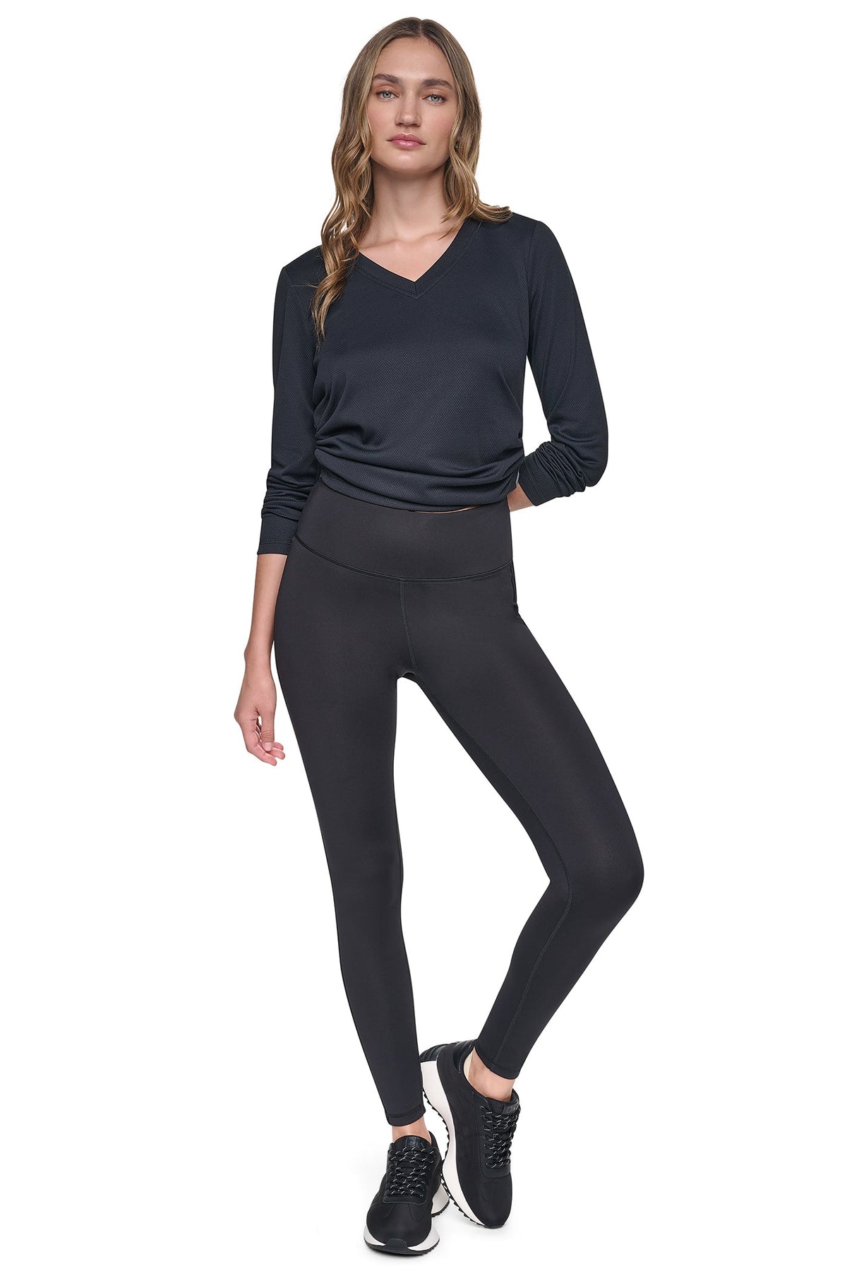 Black DKNY HIGH-RISE FLOCKED STRIPE LOGO 7/8 LENGTH LEGGING